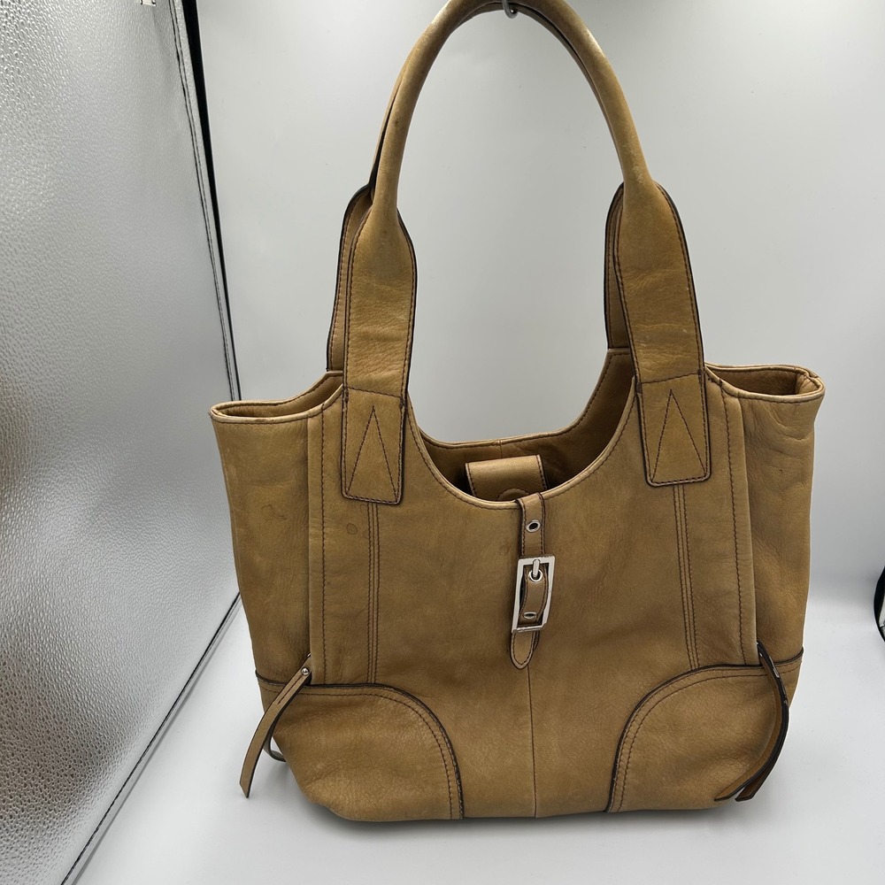 B. Makowsky Tote Bag Womens Medium Tan Leather Leopard Print Lining Buckle Bag